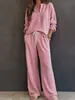 2026 Novo Moda Feminina Europeia e Americana Transfronteiriça Estilo Casual Preguiçoso Retrô Conjunto de Camisa de Manga Longa Lisa e Calça de Waffle