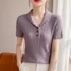 Camiseta de Punto de Manga Corta con Cuello de Solapa Estilo Old Money para Mujer, Nuevo Top Tejido de Punto Trenzado Fino Casual Versátil de Verano
