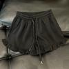 Shorts Retrô Esportivo Americano de Cordão Largos de Verão para Mulheres Estilo Coreano Cintura Alta Soltos com Bainha Orelha Casual