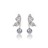 Pendientes de perlas de alta gama, sencillos, ligeros y de lujo, de estilo coreano con aguja plateada y diseño de nicho, con alas asimétricas y diamantes.