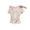 Camiseta de Manga Curta com Laço para Mulheres 2026 Novo Estilo Doce Color Blocking Babado Moda Slim Fit Top