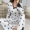 Pijama de Encaje Amor de Cuello Redondo de Encaje de Manga Larga de Venta Caliente para Mujer para Usar Afuera Pantalón Traje de Dos Piezas