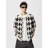 Suéter cardigan com lapela em blocos de cor com padrão de losangos para homens, outono/inverno, estilo cool de rua americano, toque de alta qualidade, estilo preguiçoso, jaqueta de tricô