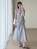 Estilo Idêntico ao da Dori C*S! Conjunto de Blusa e Saia com Amarração Torcida para Marcar a Cintura, 90% Tencel, Conjunto Elegante de Duas Peças para o Verão, Novo