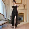 Vestido de Malla Negra de Diseño Exclusivo para Ceremonia de Mayoría de Edad, Fiesta de Cumpleaños, Vestido Largo Strapless de Lentejuelas Adelgazante con Abertura, Vestido de Banquete