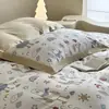 Juego de Cuatro Piezas de Algodón de Fibra Larga con Dibujos, 60 Piezas, Funda de Edredón Estampada 100% Algodón, Sábana Bajera Ajustable 100% Algodón, Juego de Ropa de Cama para Todas las Estaciones