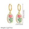 Pendientes de aro con colgante de flor de rosa vintage de goteo de aceite transfronterizos de moda, pendientes colgantes de flor ovalada de acero inoxidable chapado en oro