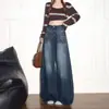Jeans Sueltos de Caída Azul Retro Americano para Mujer Primavera Otoño Sentido del Diseño Bordado Cintura Alta Adelgazantes Desgastados Sueltos Pierna Ancha