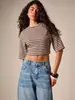 Camiseta corta a rayas Y2K transfronteriza europea y americana más vendida para mujer, corte holgado, adelgazante, cuello redondo, manga media, estilo casual y cropped