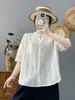 Camisa de Malla de Algodón Puro y Cáñamo con Cuello en V para Mujer, Top Holgado de Manga Tres Cuartos, Amigable con la Piel, Transpirable, Camisa Fresca de Aire Acondicionado