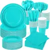 Conjunto de Cor Sólida Azul Tiffany Pratos de Papel Copos de Papel Guardanapos de Papel Faca Garfo Colher Decoração de Festa de Aniversário Suprimentos Louça Descartável