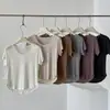 Camiseta de Manga Corta con Dobladillo Curvo y Mangas Volantes de Lana Lyocell para Mujer, Top Suave y Agradable para la Piel con Cuello en U, Camiseta Base Corta Delante y Larga Detrás