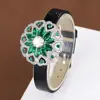 Nuevo Exquisito Pulsera de Cuero con Flor de Zircón Esmeralda Estilo Francés, Moderna y Versátil para Mujeres, Disponible Exclusivamente para Ventas Transfronterizas