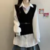 Otoño 2026 Nuevo Chaleco Camisa de Moda Talla Grande Reductor de Cintura con Cinturón Conjunto de Tres Piezas en Capas para Mujeres de Talla Grande