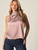 Bestseller transfronterizo europeo y americano: Blusa de seda de alta gama con cuello halter y volantes, cuello alto, hombros descubiertos, corte holgado, adelgazante y elegante.