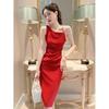 Vestido vintage de verano 2024 con perlas y tirantes, estilo Hong Kong, para mujer, ajustado, elegante, de longitud media, con bolso en el brazo