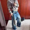 Jeans Lavados Personalizados Estilo Urbano Retro Americano de Tiro Alto con Diseño de Remaches, Pantalones de Pierna Ancha de Moda para Otoño
