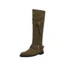 Botas holgadas de cuero genuino color verde caqui de alta gama para nicho con decoración de correa alta, Botas de vaquero occidentales, Botas largas retro con tacones gruesos
