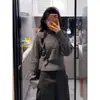 Suéter de Tricô Cinza com Gola Lapela para Mulheres com Design que Marca a Cintura, Peça de Manga Longa para Outono e Inverno, Camada Base Quente e Estilosa