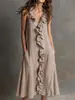2026 Amazon Europeo y Americano Transfronterizo Primavera y Verano Nuevo Vestido de Color Sólido sin Mangas de Algodón y Lino con Cuello en V y Dobladillo Ancho con Volantes para Mujer