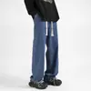 Calça jeans masculina preto-cinza primavera e outono estilo retro americano high street perna larga estilo outono e inverno calça de cintura elástica reta folgada