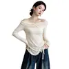 Blusa de manga larga con hombros descubiertos y ribete de encaje, estilo puro deseo, talla grande para mujer, otoño, plisada, adelgazante, con hombros descubiertos
