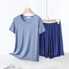 Camiseta de Manga Curta com Gola Redonda de Modal Cor Combinando Calça com Bolso de Aba Verão Fina Tamanho Grande Casual Solta Conjunto de Duas Peças Shorts