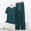 Conjunto de Pijama Fino de Cor Sólida Plus Size Primavera/Verão para Mulheres, Conjunto de Duas Peças Homewear de Modal com Decote V e Mangas Curtas, Calça de Perna Larga