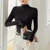 Nuevo Top Base de Punto de Cuello Alto con Volantes Otoño/Invierno para Mujer Elegante Ropa Interior con Mascarilla de Aceite de Coco Top Ajustado de Manga Larga