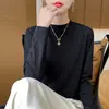 Producto nacional de alta calidad, 100% algodón puro, cuello semi-alto, camiseta de manga larga, corte holgado, versátil, elegante, adelgazante, camiseta básica para mujer