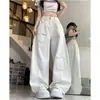 Jeans retro americanos deconstruidos con dobladillo curvo para mujer, nuevos pantalones holgados de pierna ancha de cintura alta para adelgazar, en blanco