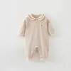 Mameluco de algodón puro para bebé, mameluco de manga larga para principios de otoño, elegante prenda exterior con cuello azul marino para niños y niñas, traje para gatear para recién nacidos
