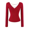 Camiseta sexy de manga larga, escote en V profundo, acolchada, sin espalda, con tiras cruzadas, top básico liso ajustado, novedad de otoño