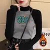 Gola Alta Meia Manga Estilo Coreano Novo Veludo Alemão Camiseta Básica Outono e Inverno Cinza Ombro Direito Slim Fit Manga Raglan Feminina Manga Longa