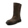 Botines de mujer hasta la pantorrilla en piel de vaca envejecida, nuevo estilo otoño e invierno, piel genuina, punta redonda, tacón medio, sin cordones, botines medios envejecidos vintage para mujer