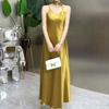 Vestido Largo de Color Sólido Ajustado Verano 2025 Nuevo Vestido de Tirantes de Satén Sedoso con Cuello en V para Mujer