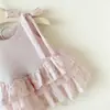 Vestido sin mangas rosa tipo tank para niña estilo coreano con amarre en la espalda 2026 atuendo de verano para bebé con lunares, de malla, multicapa, vestido de princesa