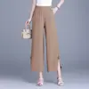 Calça Wide-Leg Lisa de Bainha Dividida com Cintura Elástica para Mulheres, Nova Coleção Verão 2026, Calça Cropped Elegante de Cintura Alta com Caimento Fluido, Calça Casual Tendência
