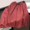 Blusa de Algodón y Lino de Manga Larga con Puños Elásticos, Mangas de Farol, Corte Holgado, Botones Pequeños, Protección Solar, 2026