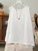 Camisola Casual de Algodão e Linho Estilo Literário Nova Coleção Primavera e Verão Tamanho Grande Top Solto para Usar por Baixo e por Cima Camiseta Sem Mangas para Mulheres