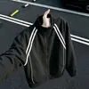 Sudadera con capucha de punto grueso a rayas americanas para hombre, Otoño, Chaqueta de alta gama Traviesa y Genial, Chaqueta de béisbol con cuello alto para pareja