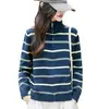Suéter de malha 100% algodão para mulheres, com zíper parcial, gola alta, mangas compridas, estilo pullover, listrado, corte solto, adequado para primavera e outono, pode ser usado como camada interna ou externa