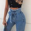 2019Wish Amazon Aliexpress Ropa Europea y Americana Jeans Capullo de Flor Cintura Alta Borde Crudo Con Cordones Jeans de Algodón para Mujer