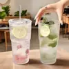 Canecas de Casal Mais Vendidas Alta Aparência Copo para Bebida Fria Suco Café com Tampa Canudo Grande Capacidade Copo de Vidro Listrado Copo de Água