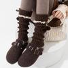 Botas, Calcetines de Algodón, Calcetines de Mujer con Puño de Bola y Lazo, Color Café Encaje Chica Lolita Cubre Pantorrilla Otoño e Invierno
