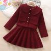 Roupas de Ano Novo para Meninas Vestido Vermelho Casaco Estilo Chanel Infantil Saia Curta Roupas de Ano Novo Moda Infantil 12 Anos