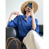 Artículos de Calidad Original de Fila~ Camisa de Lino Azul Klein de Manga Larga para Mujer, Estilo Holgado y Relajado Primavera/Verano con un Toque de Alta Gama