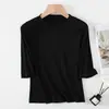 2026 Nueva Camiseta Simple de Color Sólido con Mangas Tres Cuartos Estilo Coreano, Manga Corta, Cuello Redondo, Versátil, Adelgazante, Camiseta Básica para Mujer