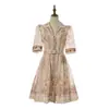 Vestido Corto de Verano para Mujer Transfronterizo con Estampado de Mapa, Cuello en V, de un Solo Botón, con Cintura Fruncida de Perlas, Adelgazante, de Manga Corta