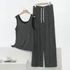 Novo Conjunto de Pijama Duas Peças com Colete Listrado de Modal e Calça para Mulheres, Conjunto Casual de Verão Fino Sem Mangas Plus Size